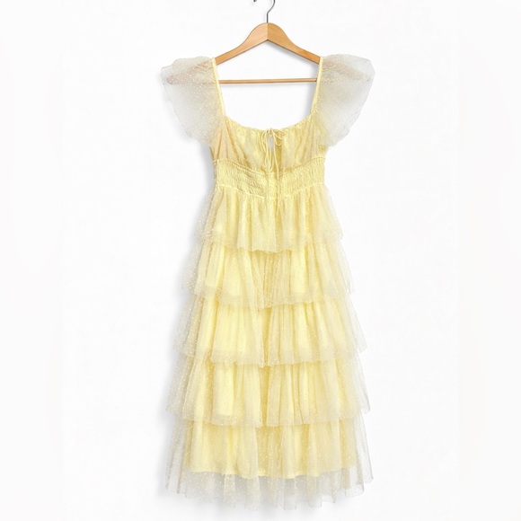 CONFETE Yellow Swiss Dot Tulle Tiered Midi Dress Cottagecore Prom Garden Party - Picture 3 of 10